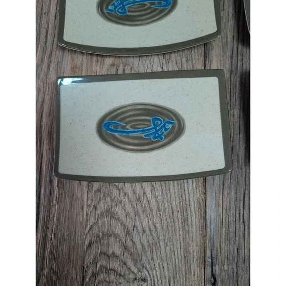 Vintage Style Sushi Plates Set of 6 Speckled Cream Blue Abstract Design - Picture 2 of 16